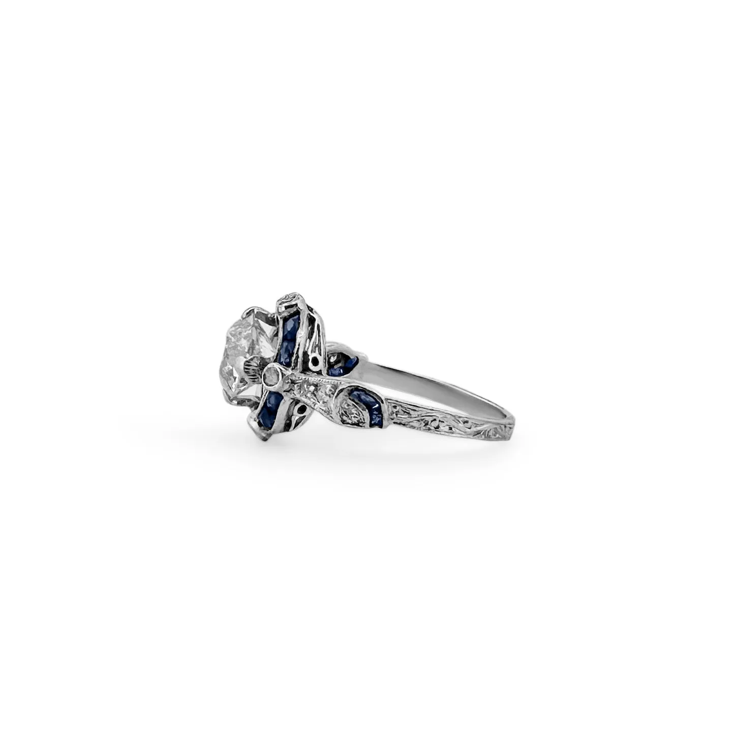 Art Deco 1.21cts Old European Diamond & Synthetic Sapphire Platinum Engagement Ring