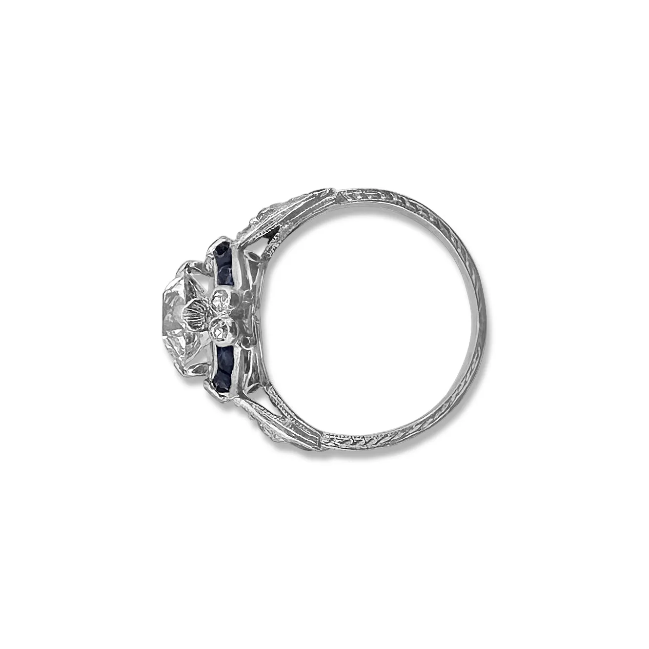 Art Deco 1.21cts Old European Diamond & Synthetic Sapphire Platinum Engagement Ring