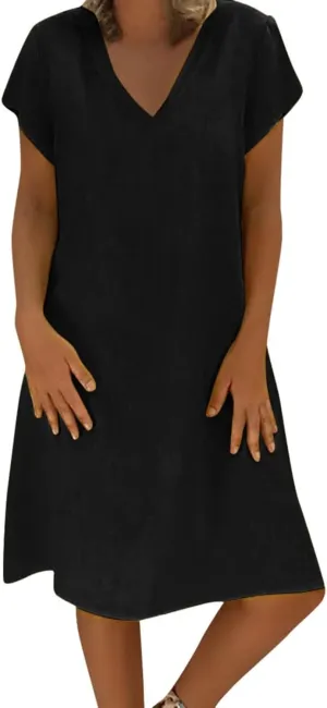 BAXLIMEK Cotton Linen Dresses for Women 2025,Summer Casual Loose V Neck Short Sleeve Midi Dress Comfy Beach Vacation Dress