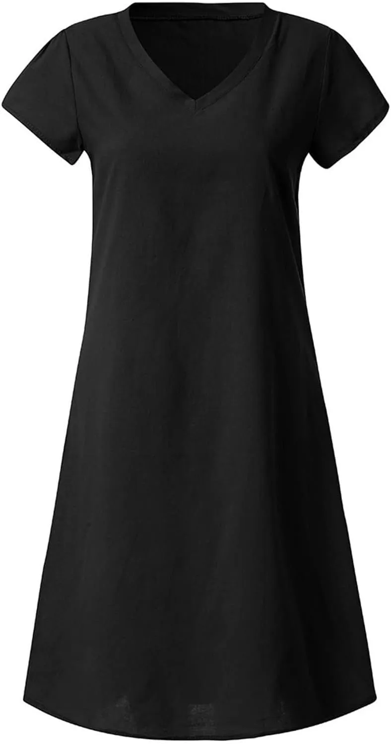 BAXLIMEK Cotton Linen Dresses for Women 2025,Summer Casual Loose V Neck Short Sleeve Midi Dress Comfy Beach Vacation Dress
