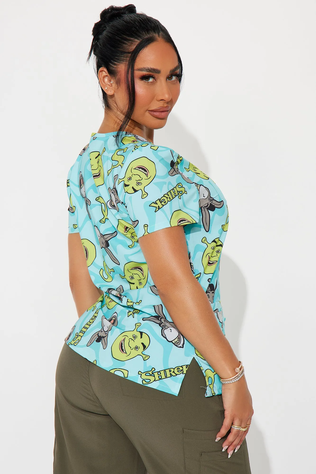 Best Buds Shrek And Donkey Uniform Scrub Top - Teal/combo