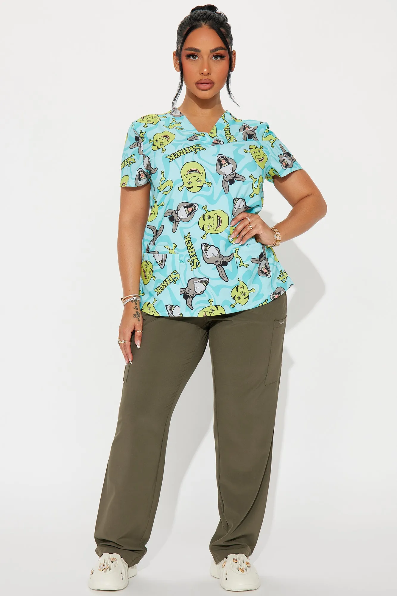 Best Buds Shrek And Donkey Uniform Scrub Top - Teal/combo