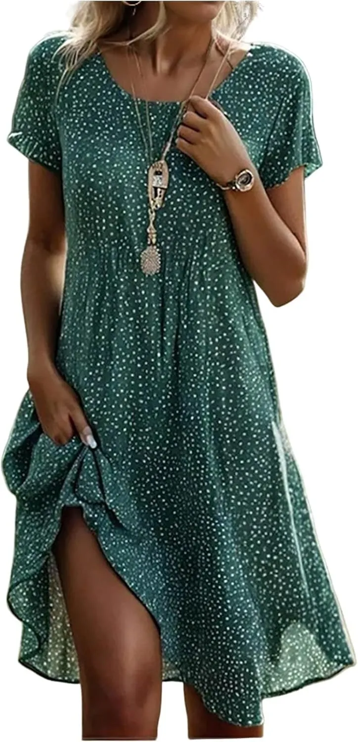 Boho Dresses for Women 2025 Summer Floral Print Short Sleeve Midi Dress Casual Loose A Line Beach Sun Dresses with Pockets