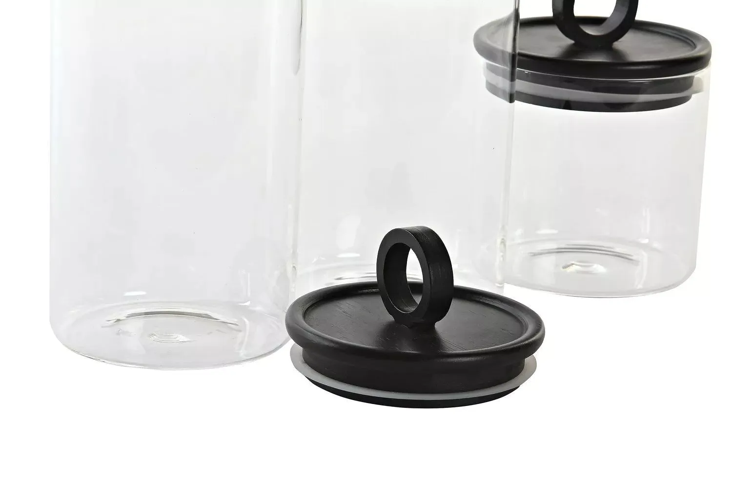 Bote hermético de cristal con tapa negra de bambú.
