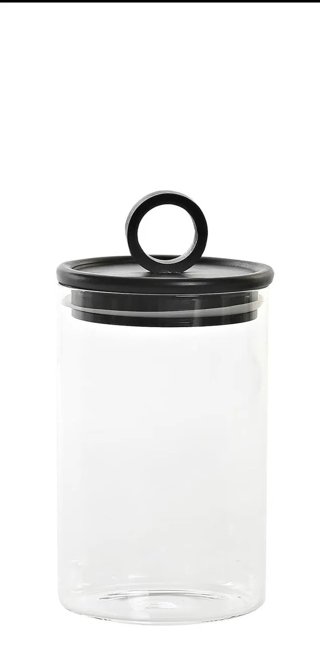 Bote hermético de cristal con tapa negra de bambú.