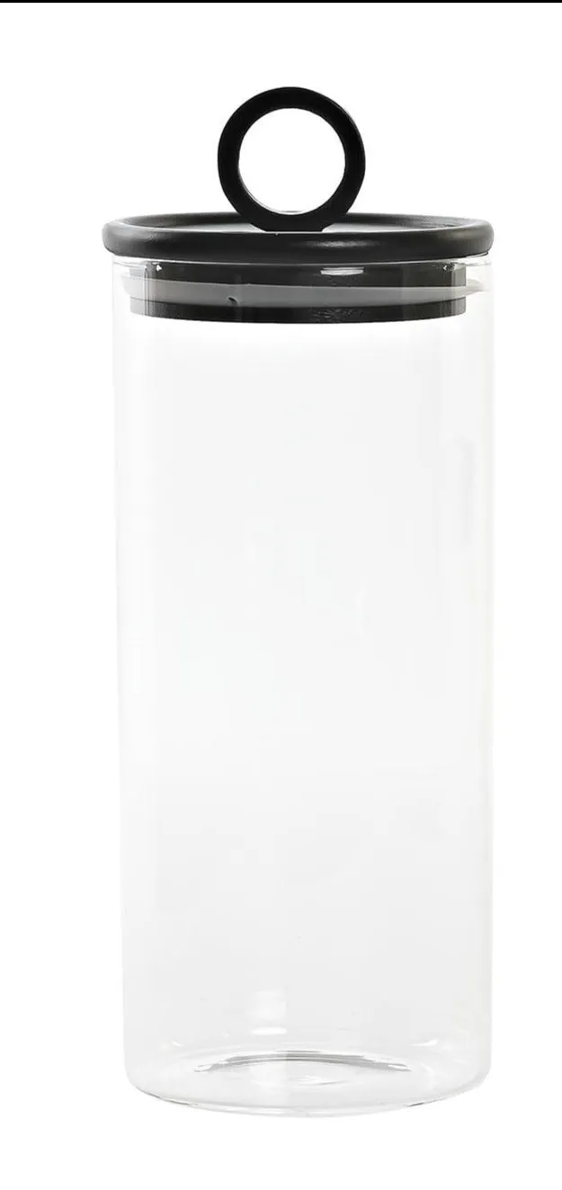 Bote hermético de cristal con tapa negra de bambú.