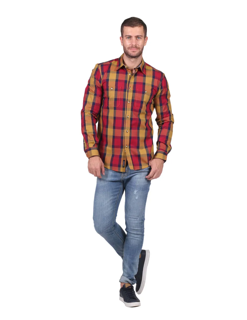Camisas Hombre Casuales Moda Manga Larga Cuadros Marino B25127