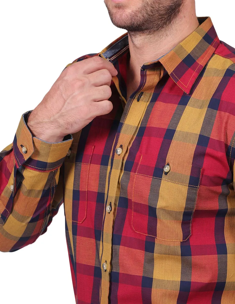 Camisas Hombre Casuales Moda Manga Larga Cuadros Marino B25127