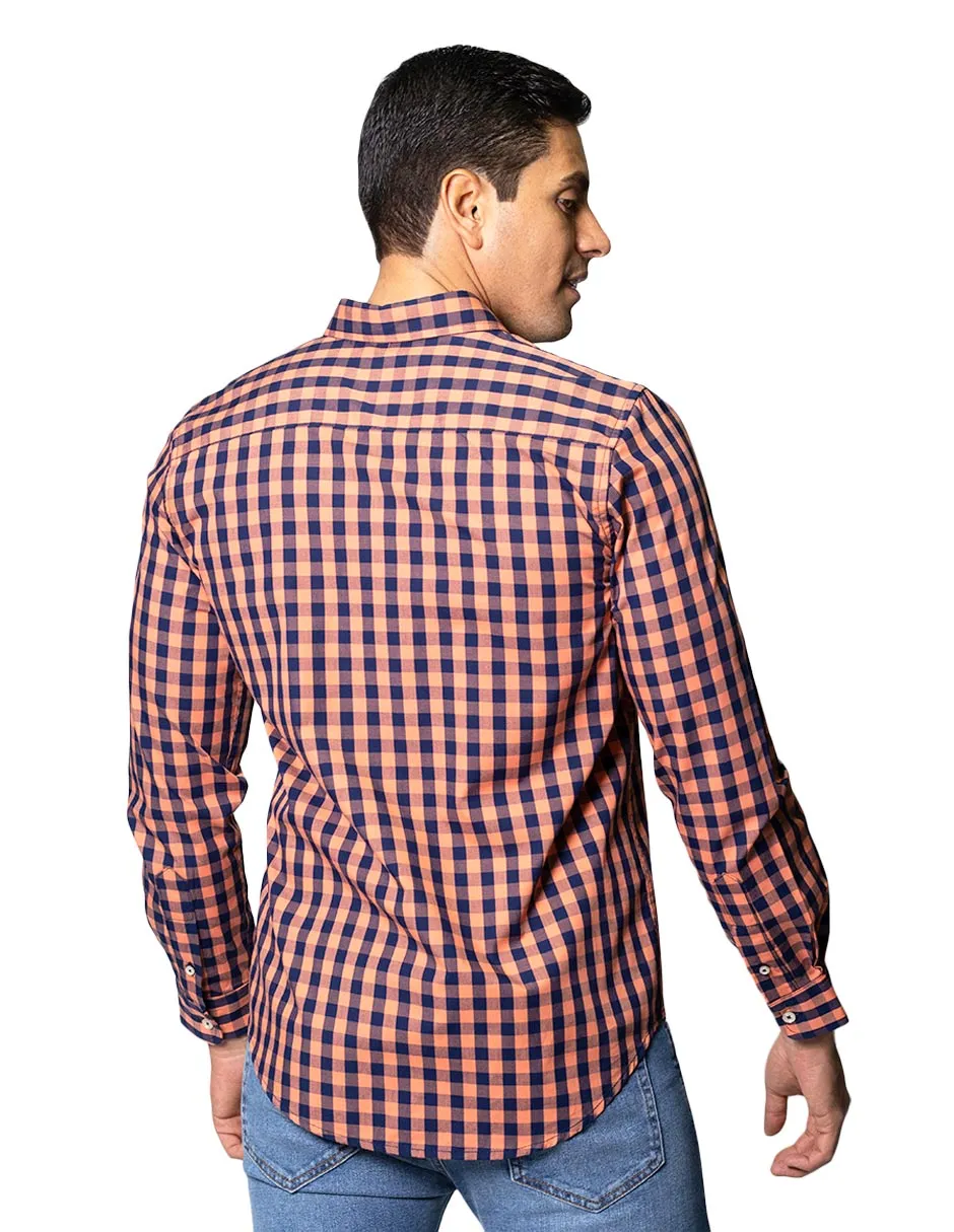 Camisas Para Hombre De Manga Larga Con Estampado De Cuadros Grandes Cuello Americano Regular Fit B41219 Coral