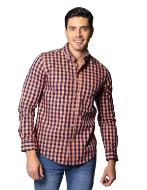Camisas Para Hombre De Manga Larga Con Estampado De Cuadros Grandes Cuello Americano Regular Fit B41219 Coral