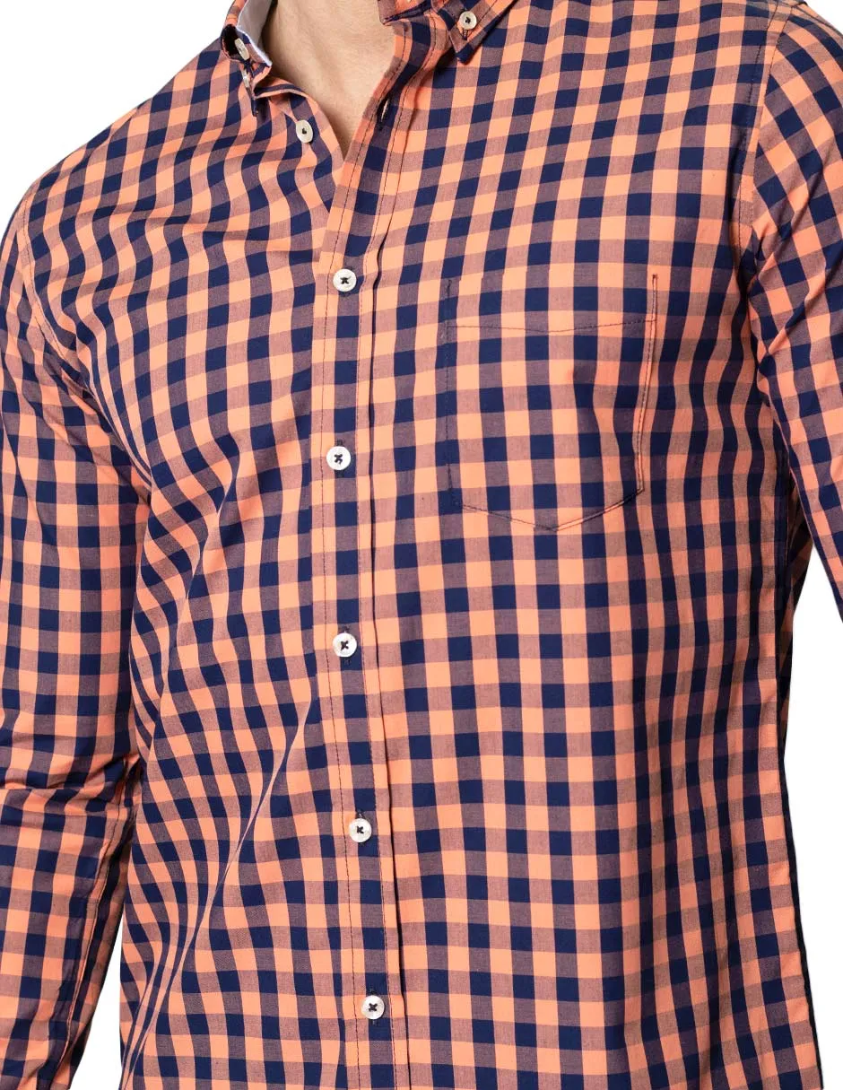 Camisas Para Hombre De Manga Larga Con Estampado De Cuadros Grandes Cuello Americano Regular Fit B41219 Coral