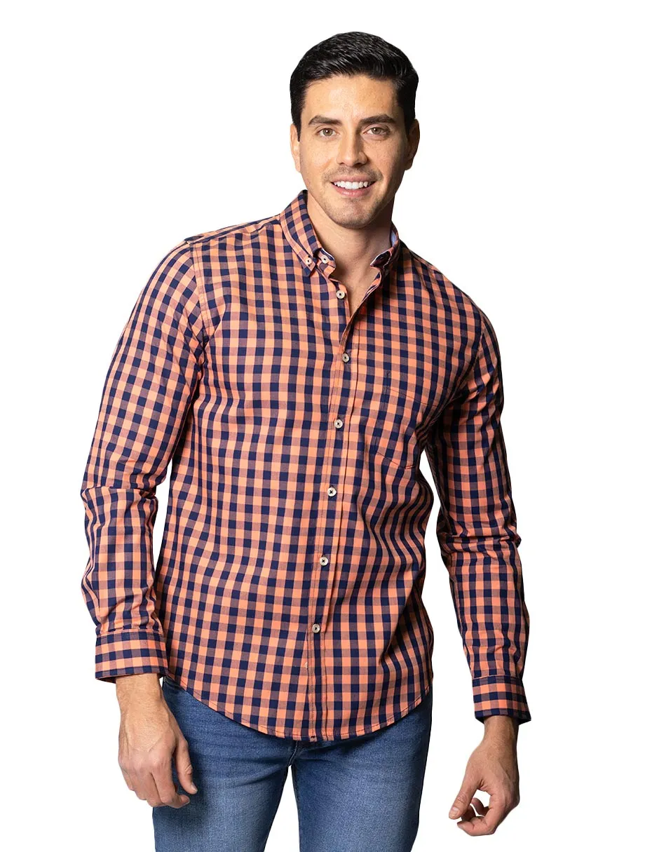 Camisas Para Hombre De Manga Larga Con Estampado De Cuadros Grandes Cuello Americano Regular Fit B41219 Coral