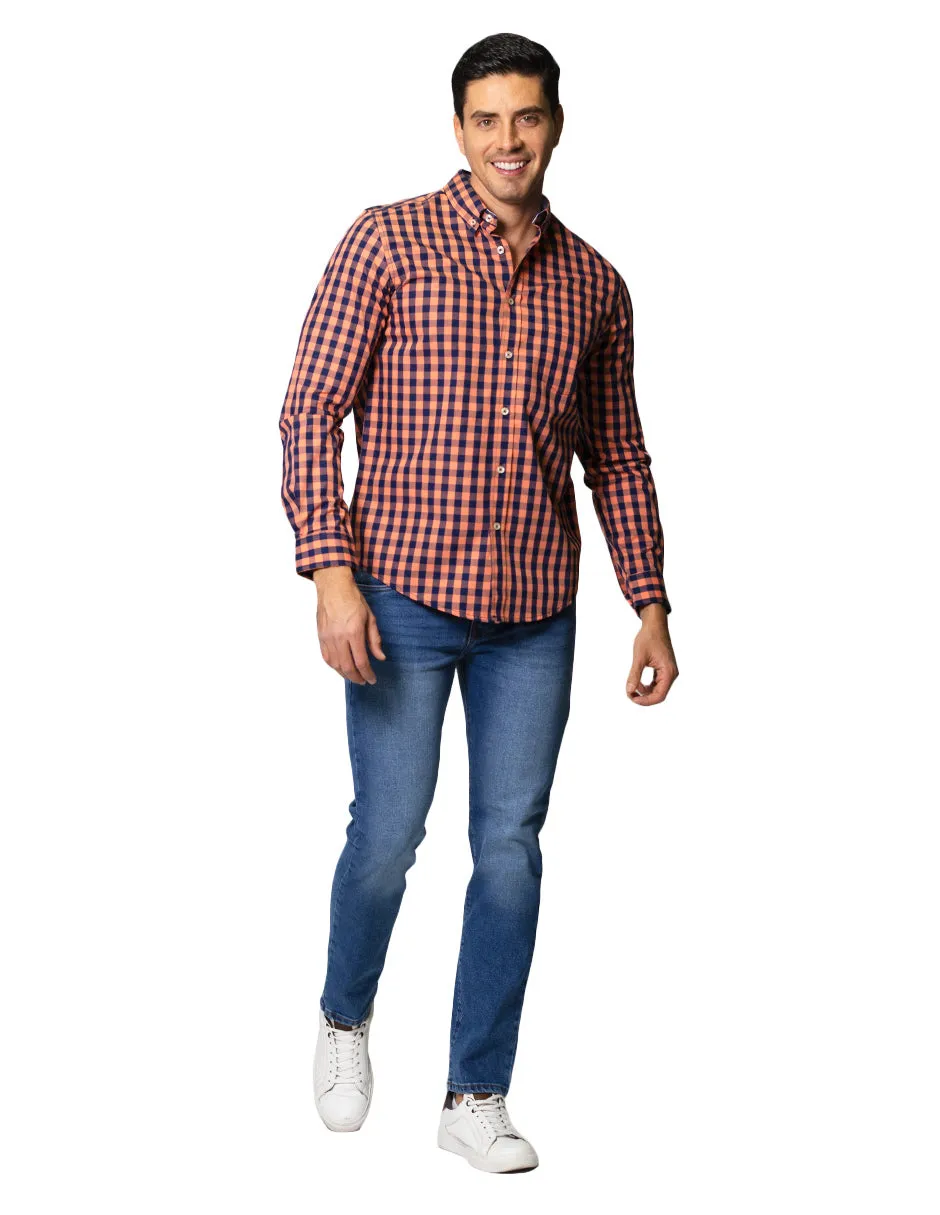 Camisas Para Hombre De Manga Larga Con Estampado De Cuadros Grandes Cuello Americano Regular Fit B41219 Coral