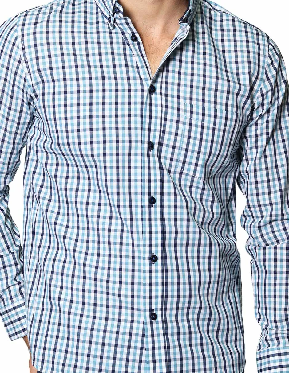 Camisas Para Hombre De Manga Larga Con Estampado de Cuadros Regular Fit B35215 Cielo