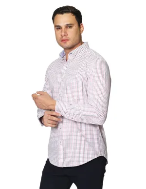 Camisas Para Hombre De Tela Mascota Con Estamado De Cuadros De Manga Larga Cuello Button Down Regular Fit B41207 Blanco