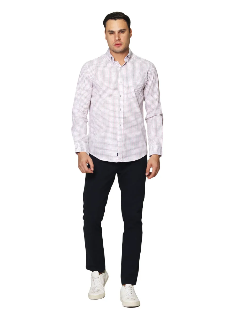 Camisas Para Hombre De Tela Mascota Con Estamado De Cuadros De Manga Larga Cuello Button Down Regular Fit B41207 Blanco