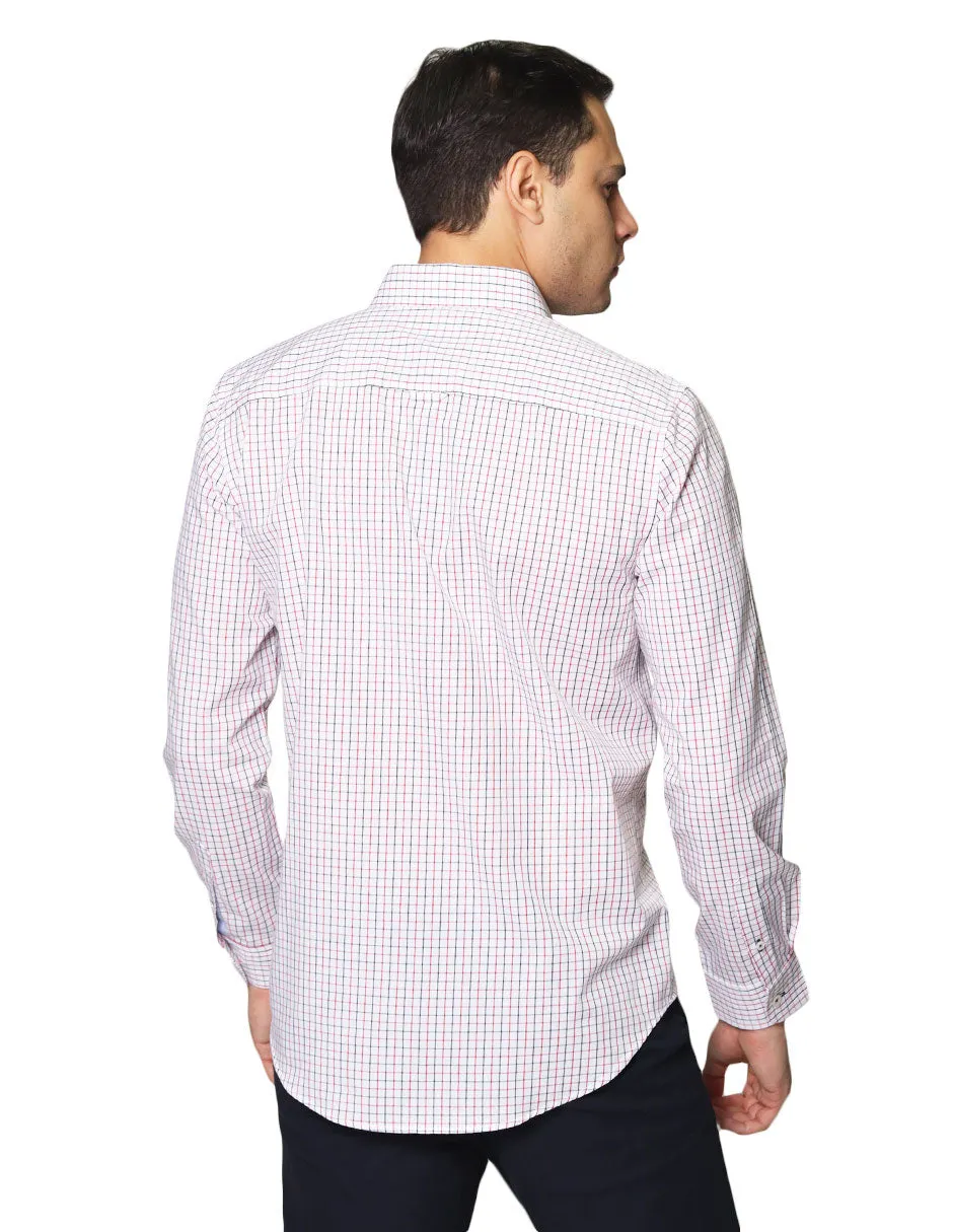 Camisas Para Hombre De Tela Mascota Con Estamado De Cuadros De Manga Larga Cuello Button Down Regular Fit B41207 Blanco