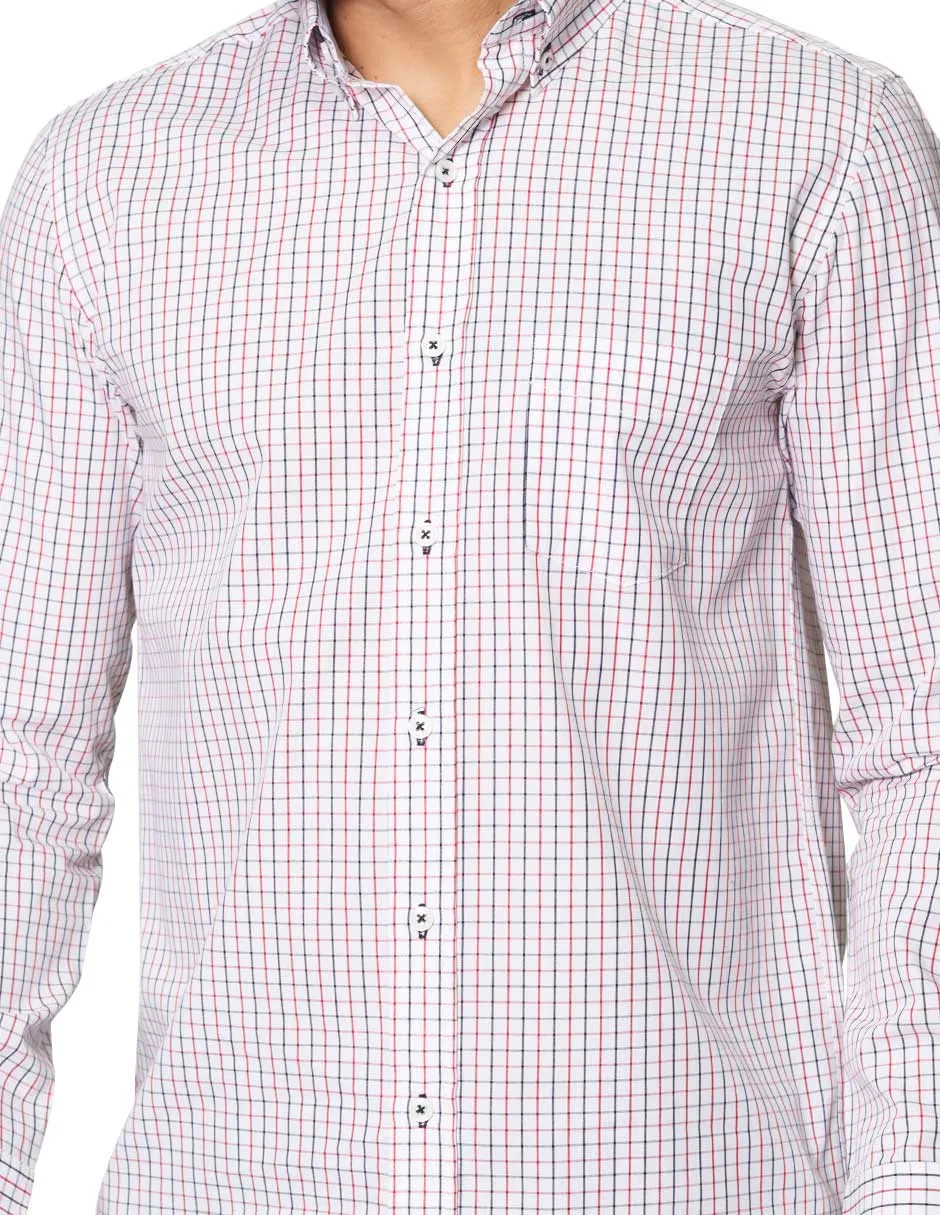 Camisas Para Hombre De Tela Mascota Con Estamado De Cuadros De Manga Larga Cuello Button Down Regular Fit B41207 Blanco