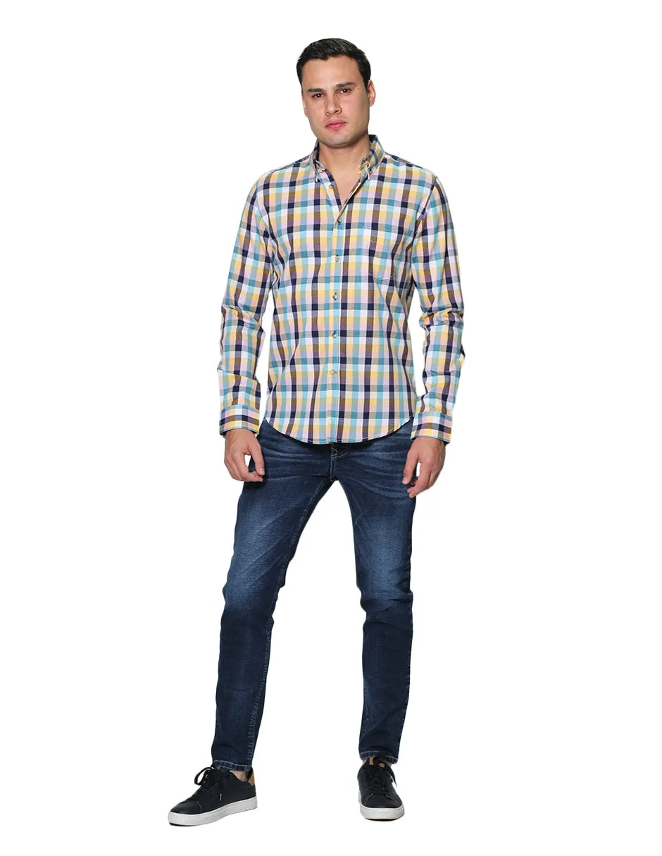 Camisas Para Hombre Manga Larga Cuadros Slim Fit B31105 Amarillo