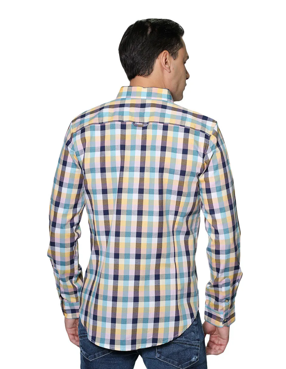 Camisas Para Hombre Manga Larga Cuadros Slim Fit B31105 Amarillo