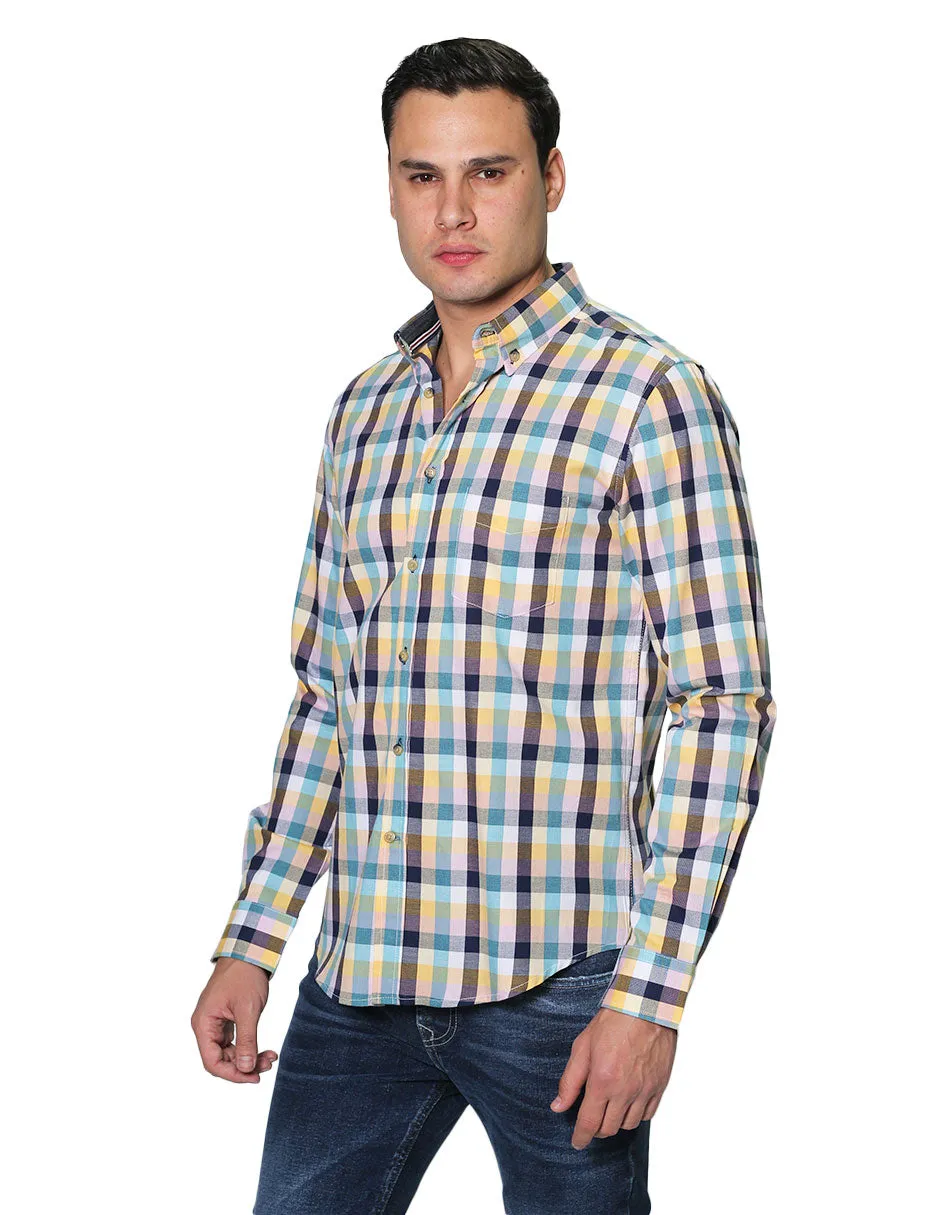 Camisas Para Hombre Manga Larga Cuadros Slim Fit B31105 Amarillo