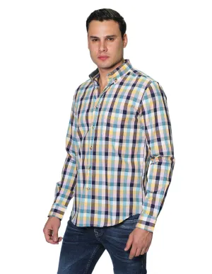Camisas Para Hombre Manga Larga Cuadros Slim Fit B31105 Amarillo