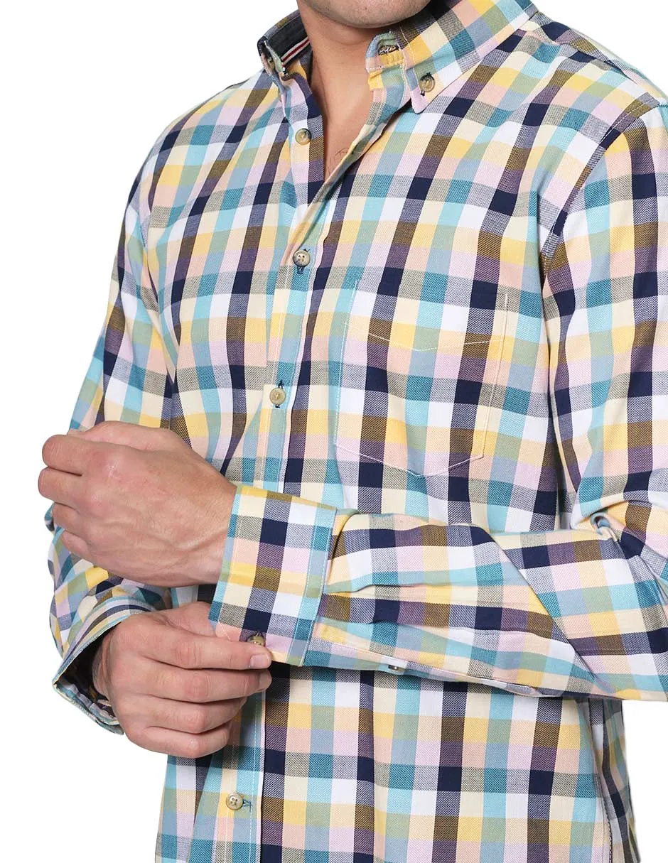 Camisas Para Hombre Manga Larga Cuadros Slim Fit B31105 Amarillo