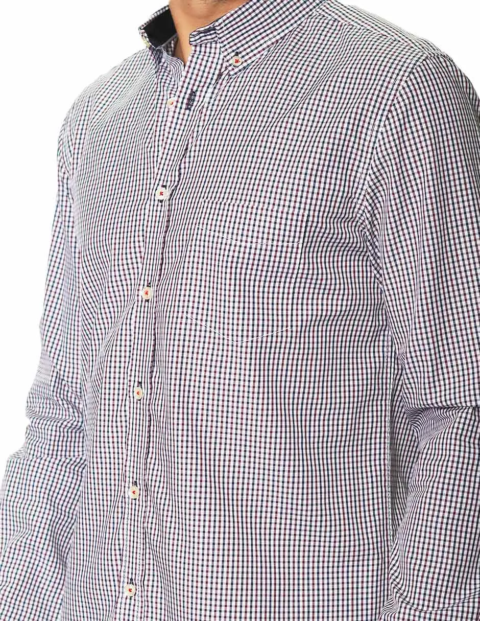 Camisas Para Hombre Manga Larga Micro Cuadros B45212 Vino