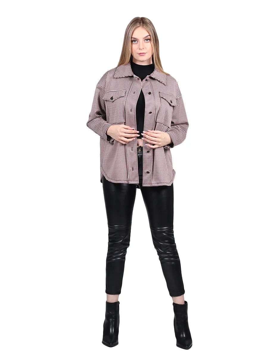 Chaquetas Para Mujer Oversize Estampado de Cuadros Con Bolsas Palo Rosa Q13112