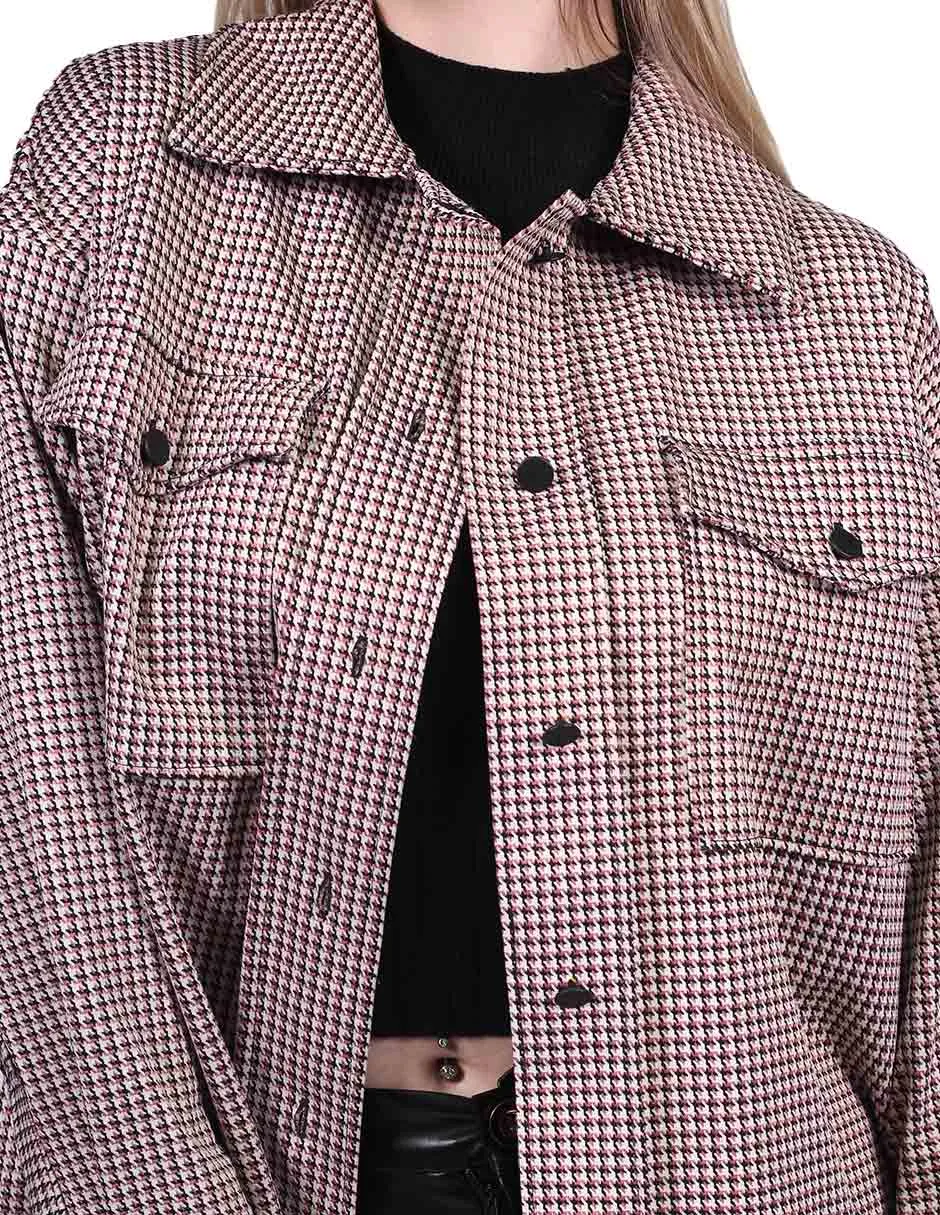 Chaquetas Para Mujer Oversize Estampado de Cuadros Con Bolsas Palo Rosa Q13112