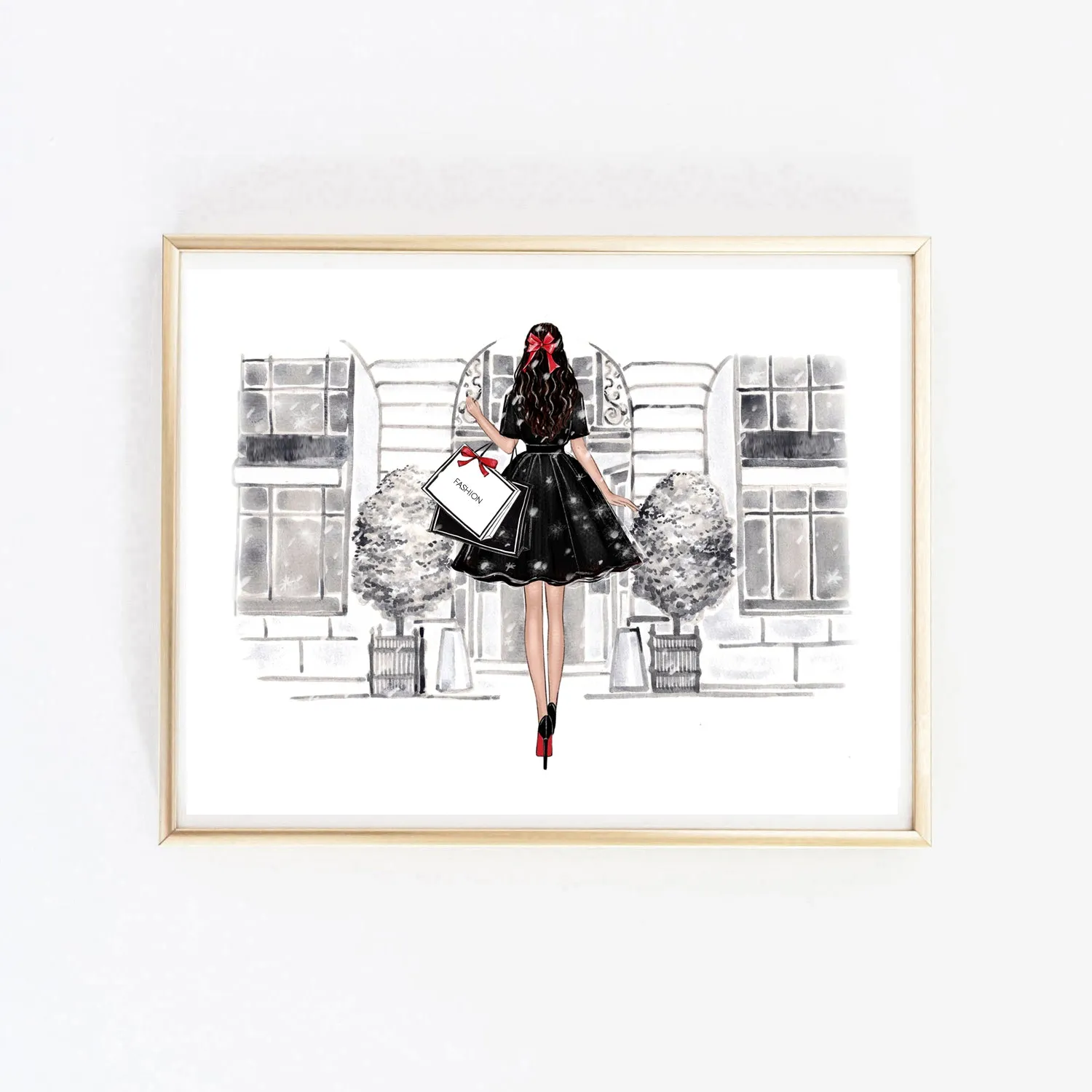 Christmas art fashion illustration of a girl in front of the shop vitrine