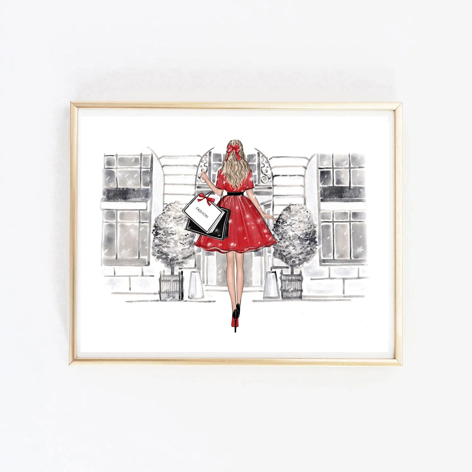 Christmas art fashion illustration of a girl in front of the shop vitrine