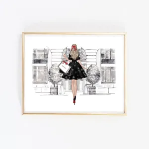 Christmas art fashion illustration of a girl in front of the shop vitrine