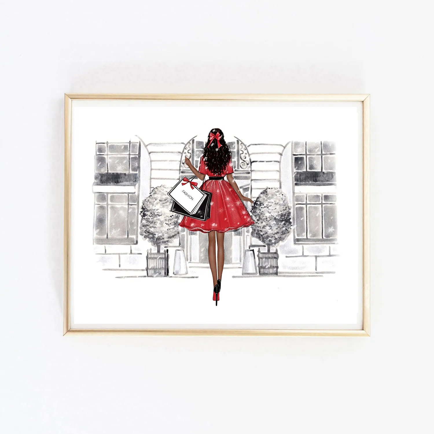 Christmas art fashion illustration of a girl in front of the shop vitrine