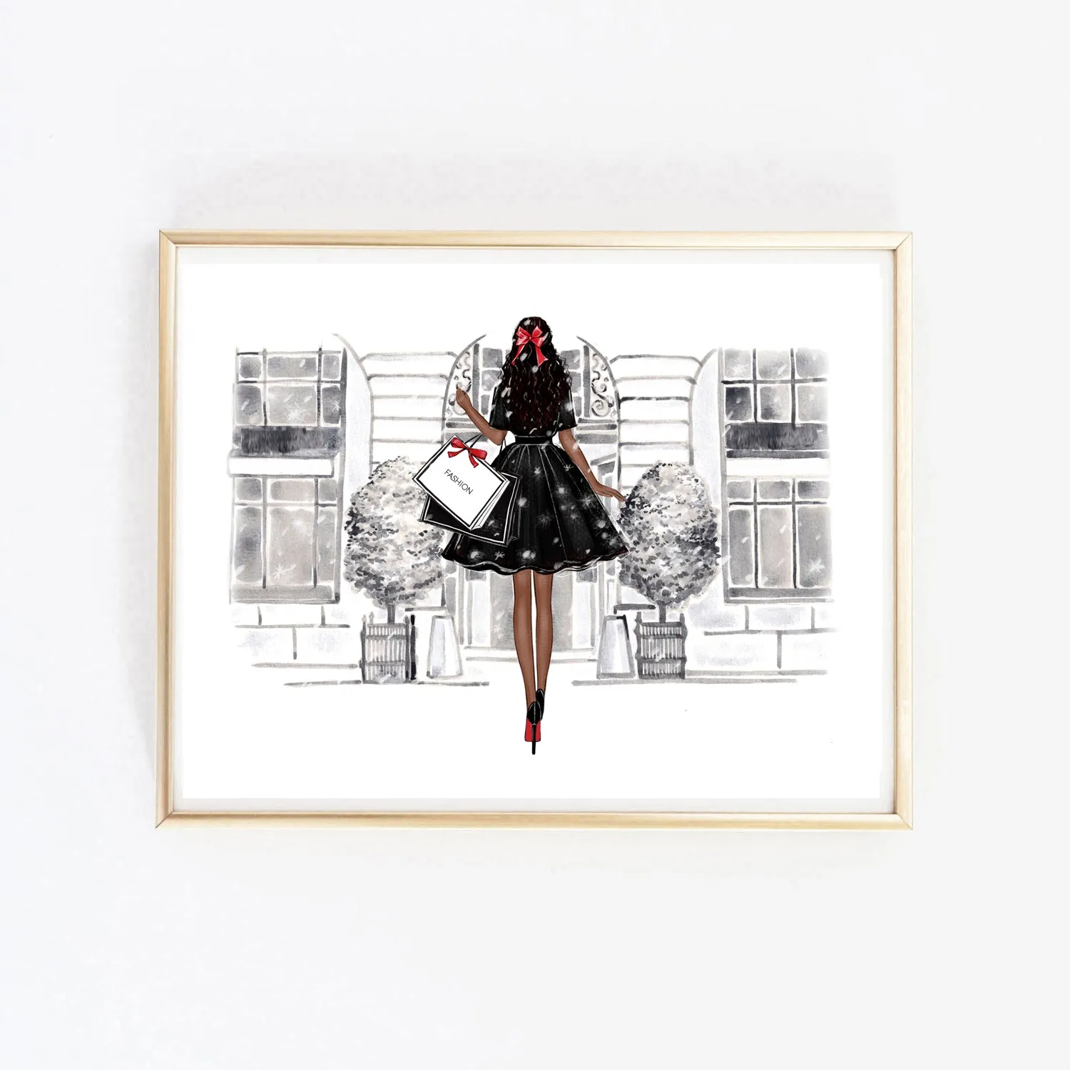 Christmas art fashion illustration of a girl in front of the shop vitrine