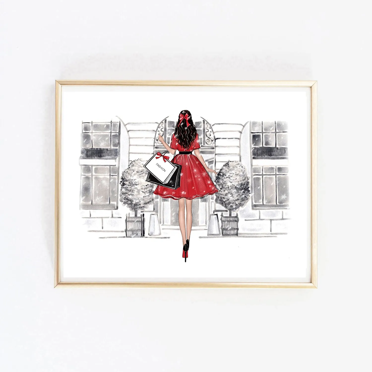 Christmas art fashion illustration of a girl in front of the shop vitrine