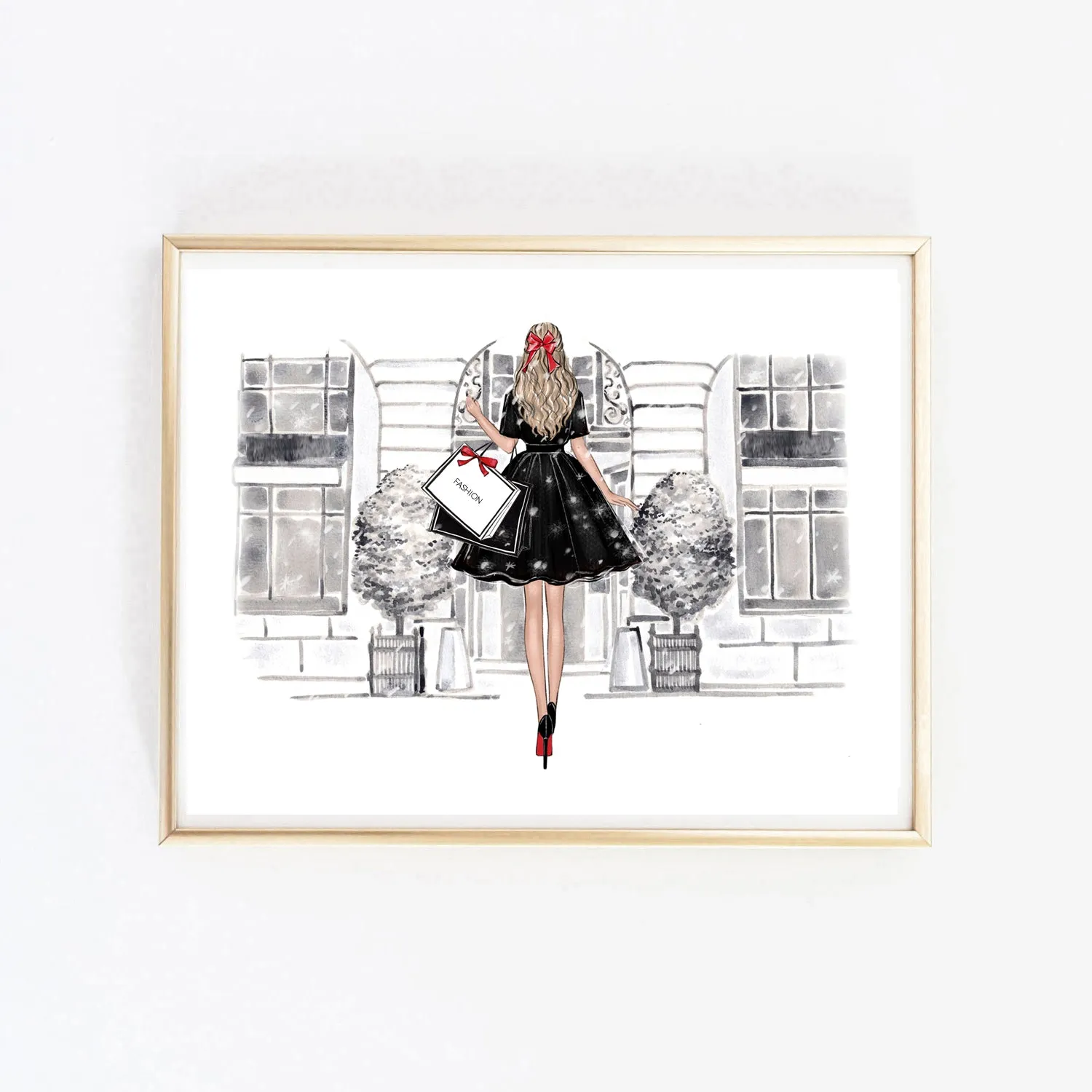 Christmas art fashion illustration of a girl in front of the shop vitrine