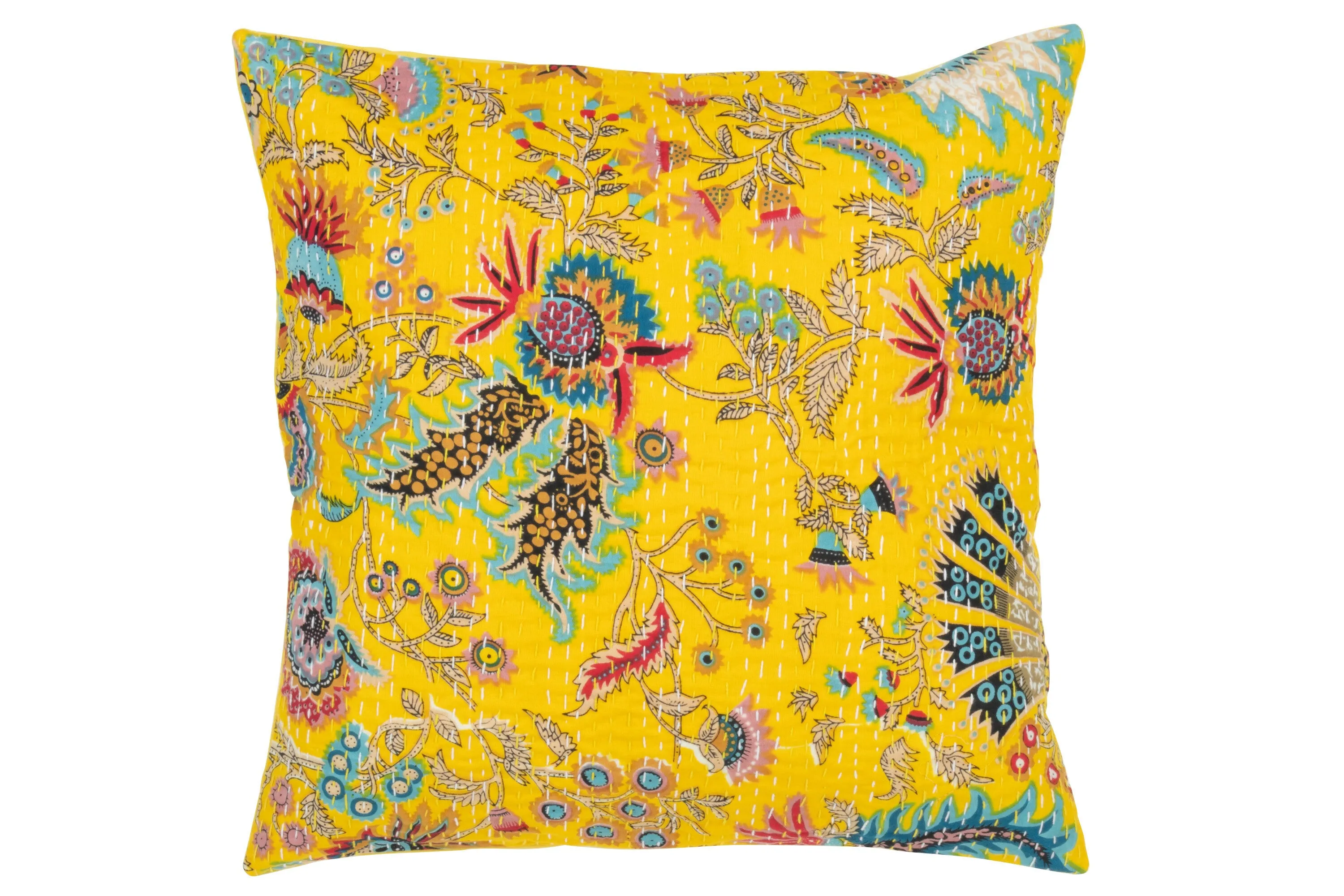 Cojín estampado de flores con pespuntes.