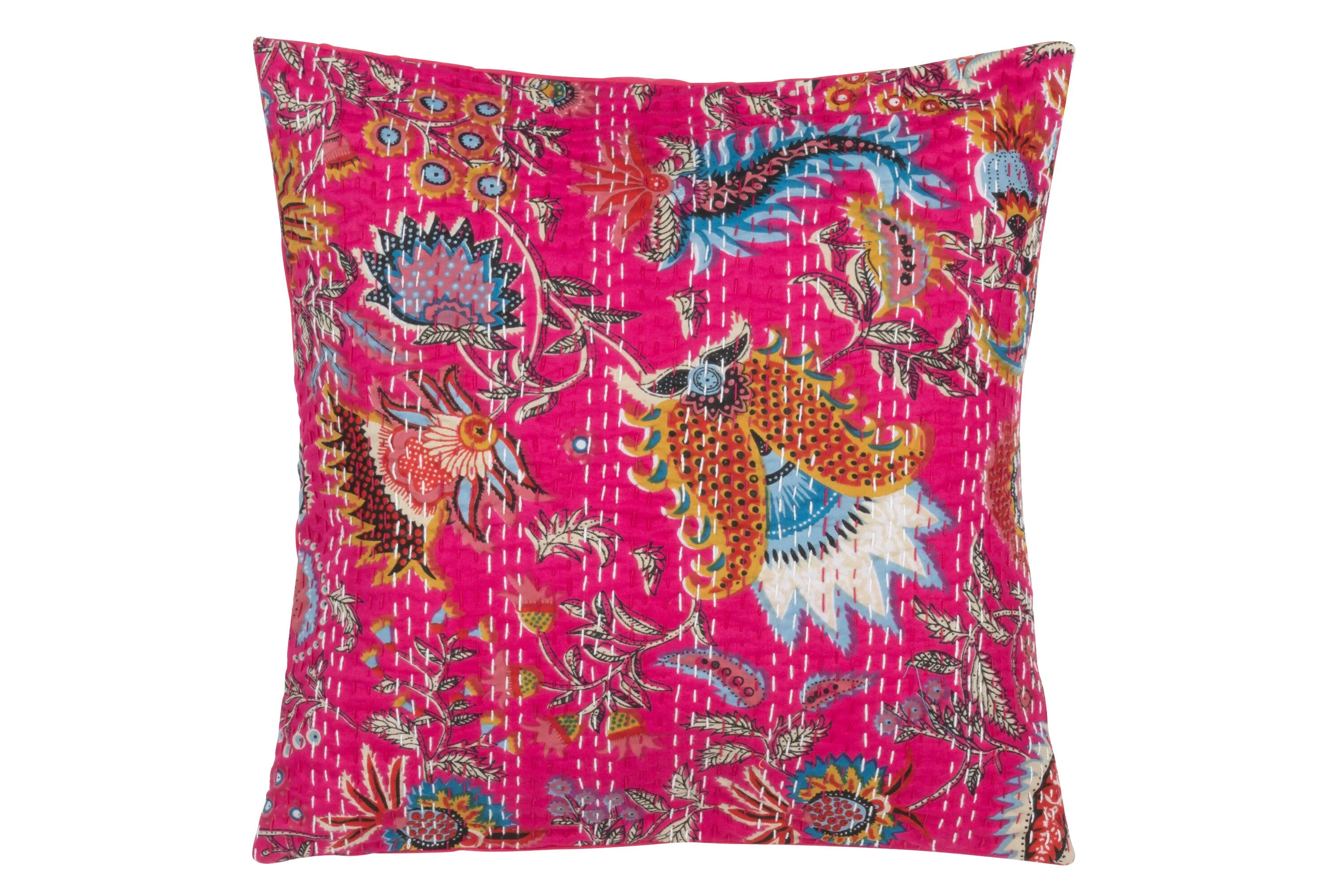 Cojín estampado de flores con pespuntes.