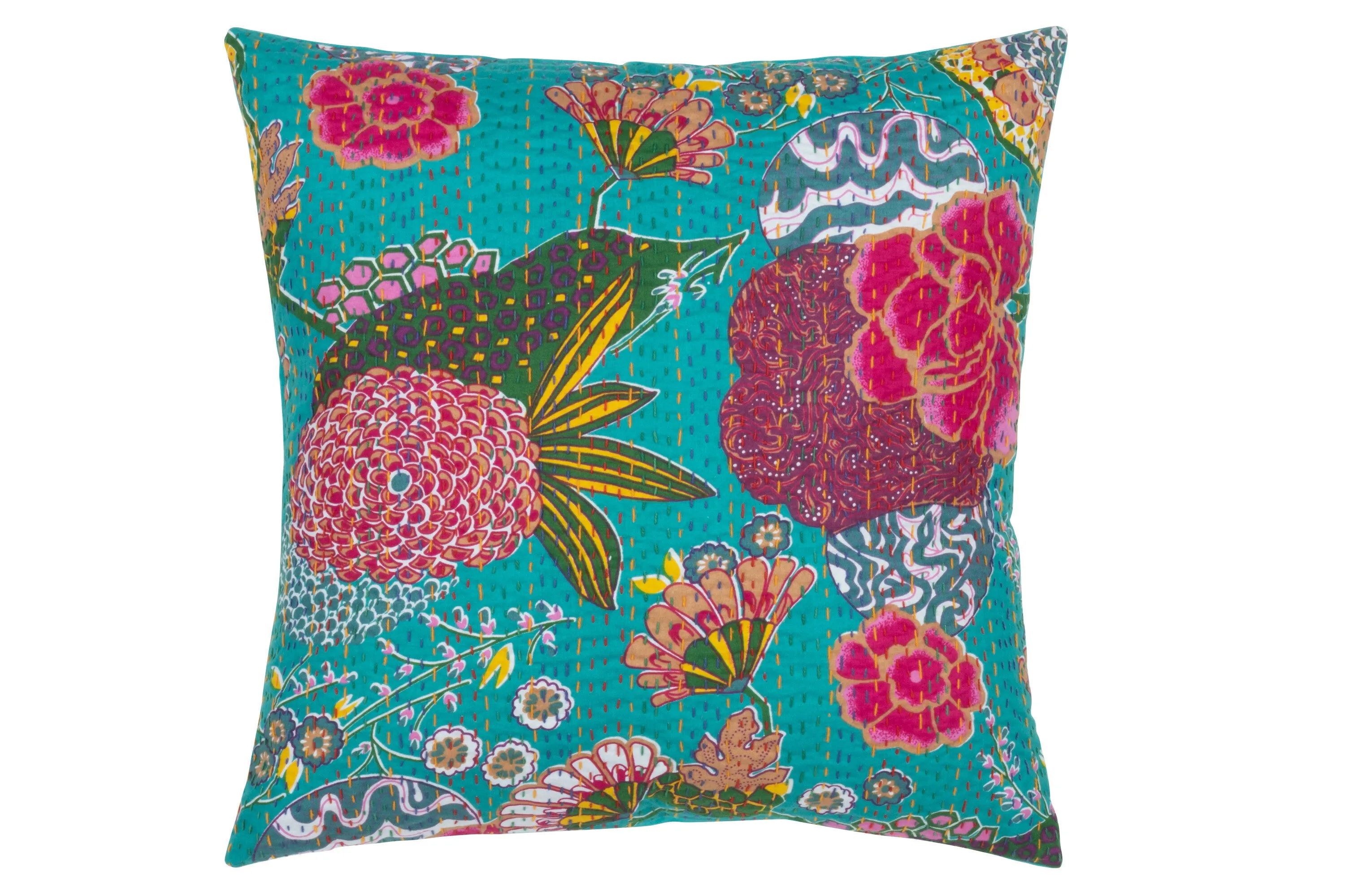 Cojín estampado de flores con pespuntes.
