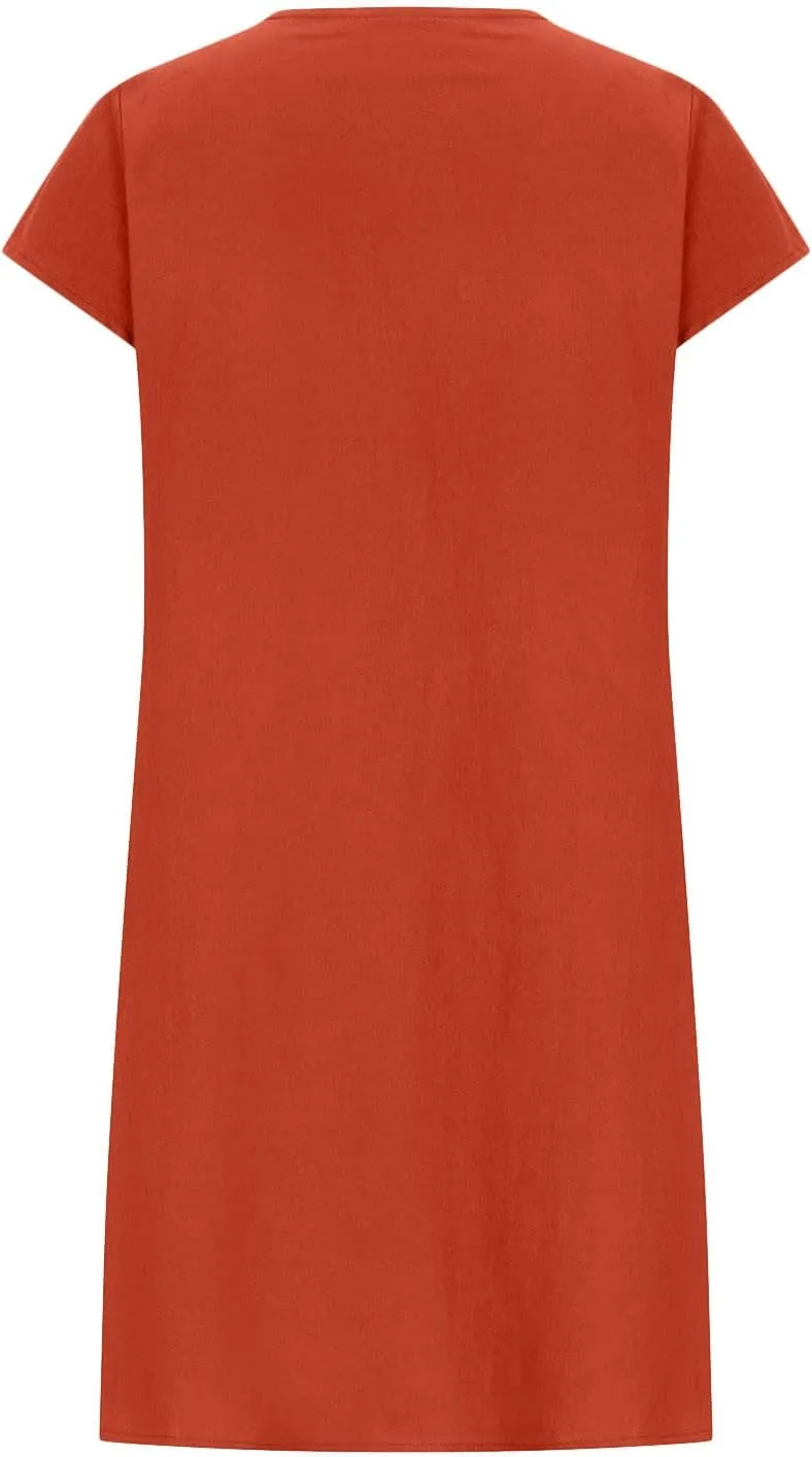 Cotton Linen Dress for Womens Vintage Summer Casual Short Sleeve Ruched T Shirts Dress Loose Fit A-Line Beach Sundress