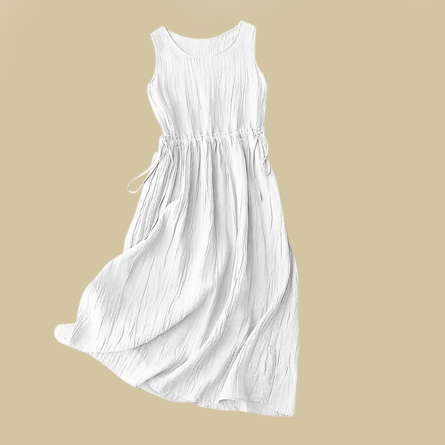 Cotton Linen Tank Dresses for Women's 2025 Casual Summer Sleeveless Dress Loose Fit Round Neck Solid Coverups Sundress