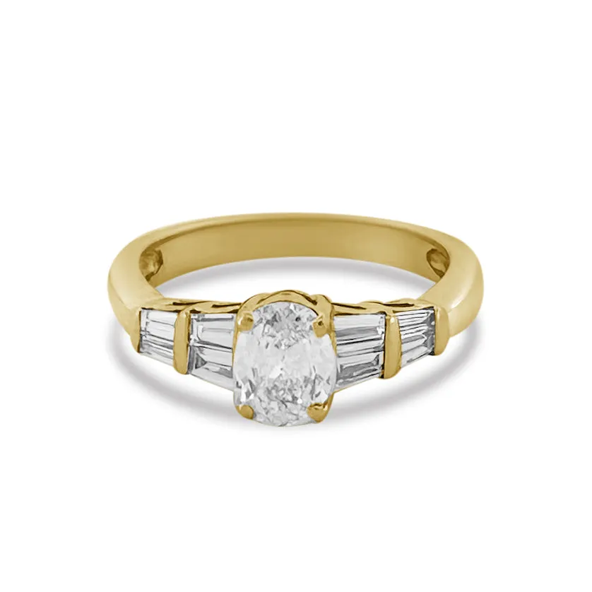EGL Graded 0.80ctw Oval With Baguette Cut Natural Diamond Engagement Ring in 18K Yellow Gold