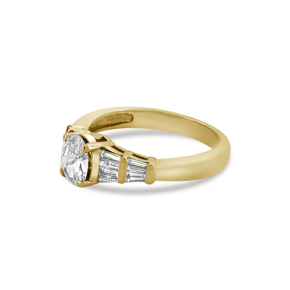 EGL Graded 0.80ctw Oval With Baguette Cut Natural Diamond Engagement Ring in 18K Yellow Gold