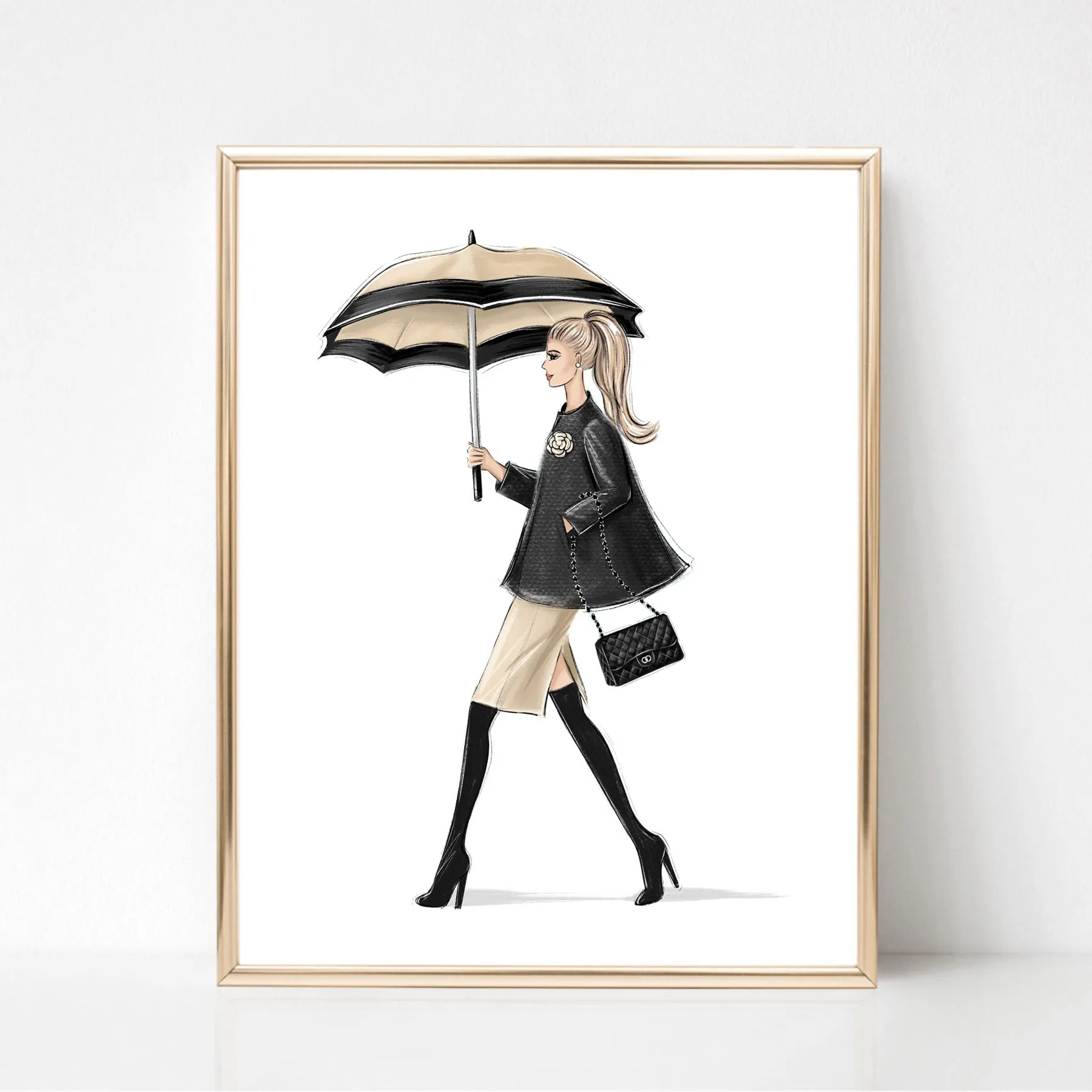 Fashion sketch print in black and white tones of girl with umbrella