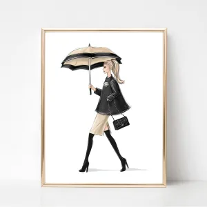 Fashion sketch print in black and white tones of girl with umbrella