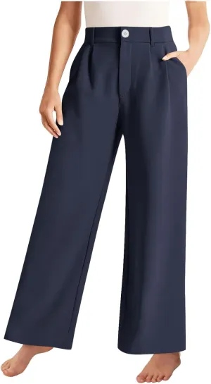 Girls Linen Palazzo High Elastic Waist Casual Trousers Straight Wide Leg Pants Business Lounge Y2k
