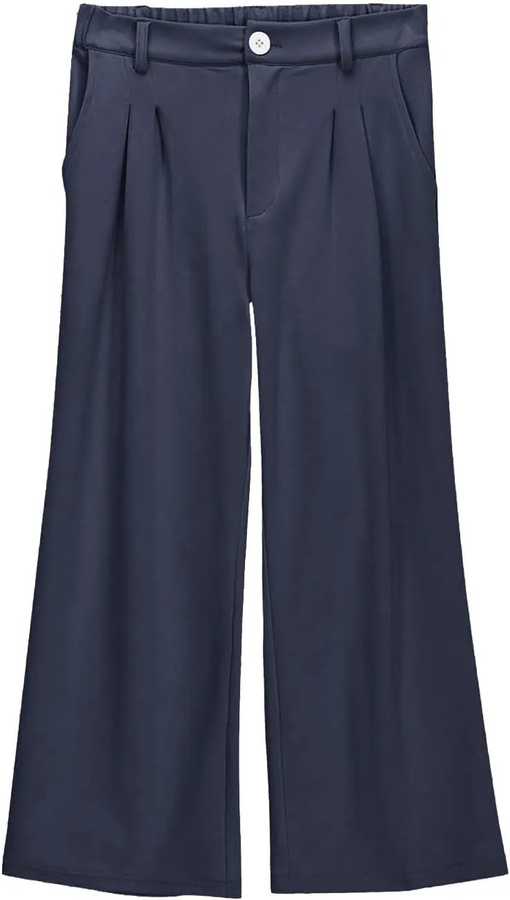 Girls Linen Palazzo High Elastic Waist Casual Trousers Straight Wide Leg Pants Business Lounge Y2k