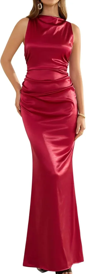 GLNEGE Women's Satin Mock Neck Maxi Formal Dresses Elegant Sleeveless Backless Wedding Guest Evening Party Dress