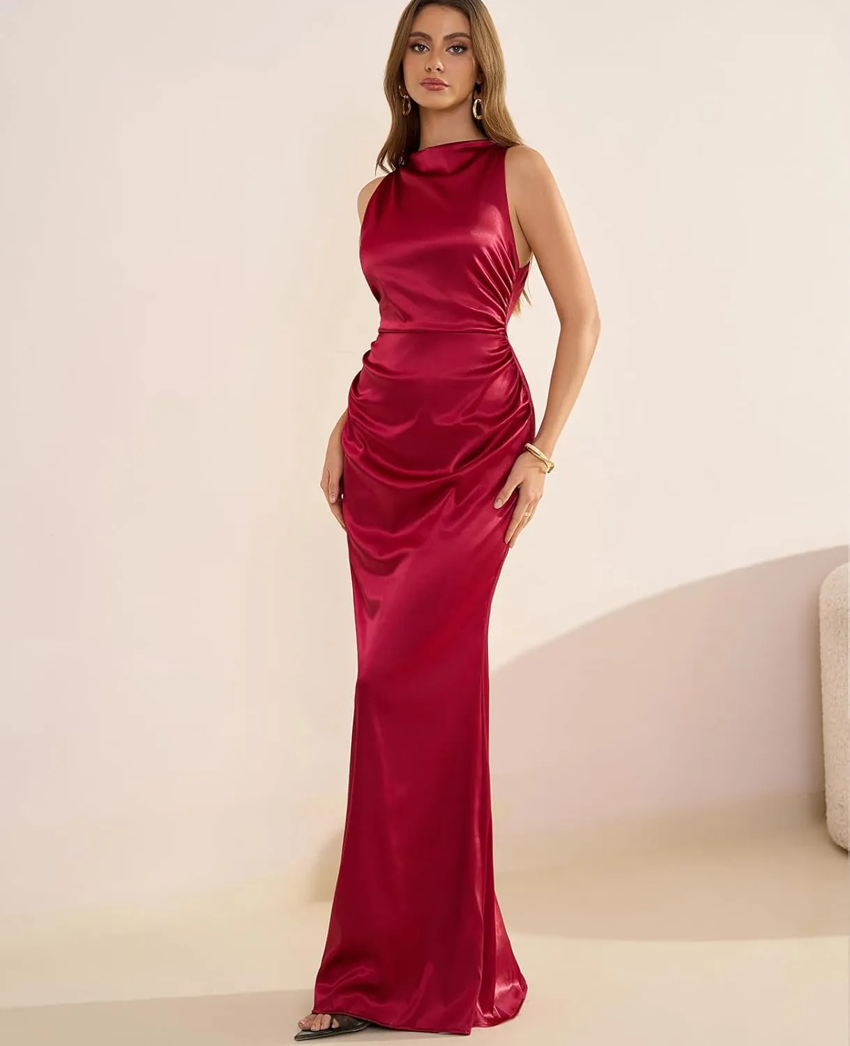 GLNEGE Women's Satin Mock Neck Maxi Formal Dresses Elegant Sleeveless Backless Wedding Guest Evening Party Dress